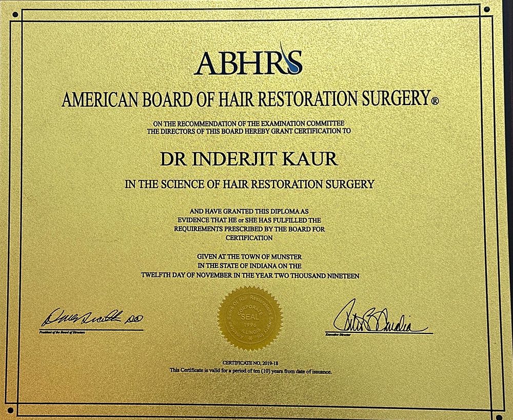 ABHRS certificate: the American Board of Hair Restoration Surgery grants certification to Dr Inderjit Kaur in the science of hair restoration surgery, November 2019