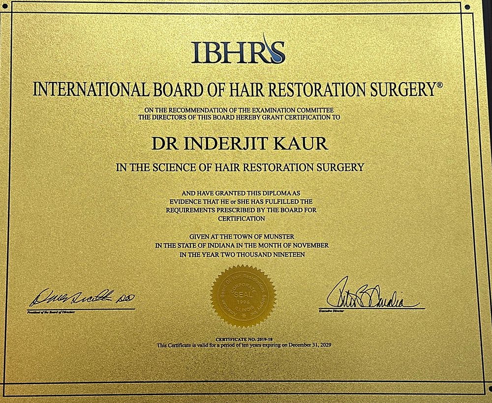 IBHRS certificate: the International Board of Hair Restoration Surgery grants certification to Dr Inderjit Kaur in the science of hair restoration surgery, November 2019