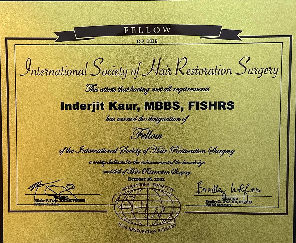 FISHRS fellowship plaque: Inderjit Kaur, MBBS, has earned the designation of Fellow of the International Society of Hair Restoration Surgery, October 2022